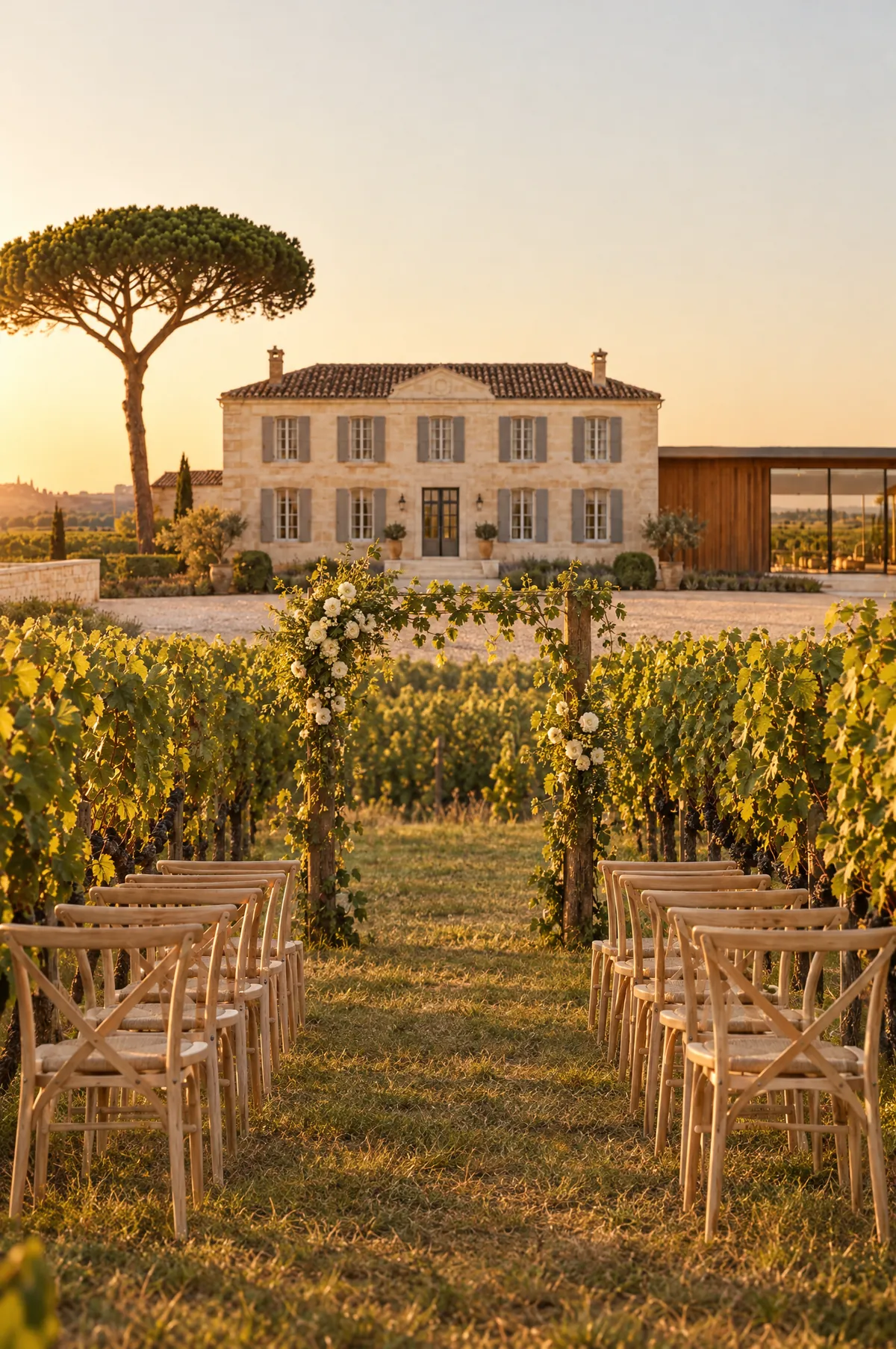 Pale wooden chairs either side of a grass aisle between rows of vines, leading to a simple oak arch with white flowers, with the limestone manor house behind.