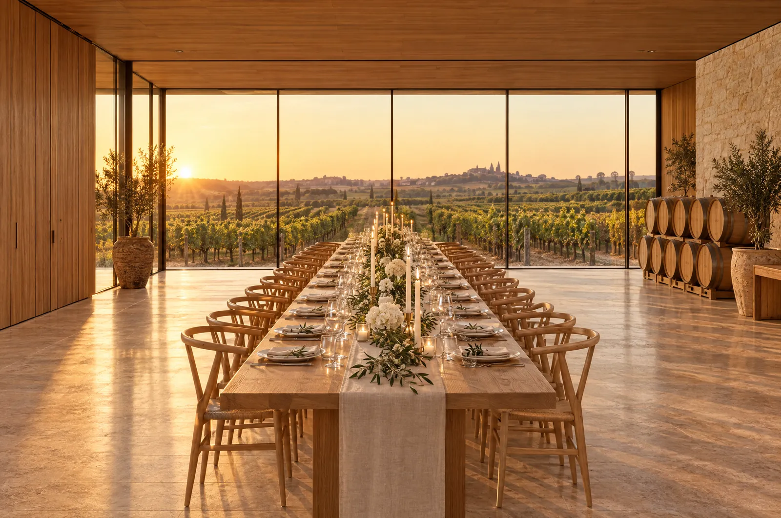 A long oak dinner table set with linen, white flowers and candles inside the oak-and-glass chai, with a glass wall onto the vines at sunset and barrels at the far end.