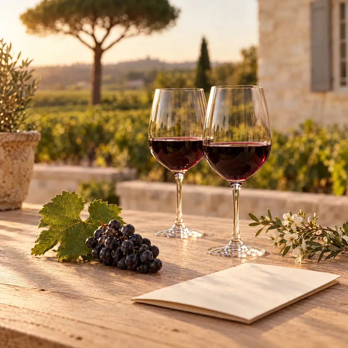 Two glasses of red Bordeaux on a pale oak table beside a folded cream menu card, a vine leaf and a bunch of dark grapes.