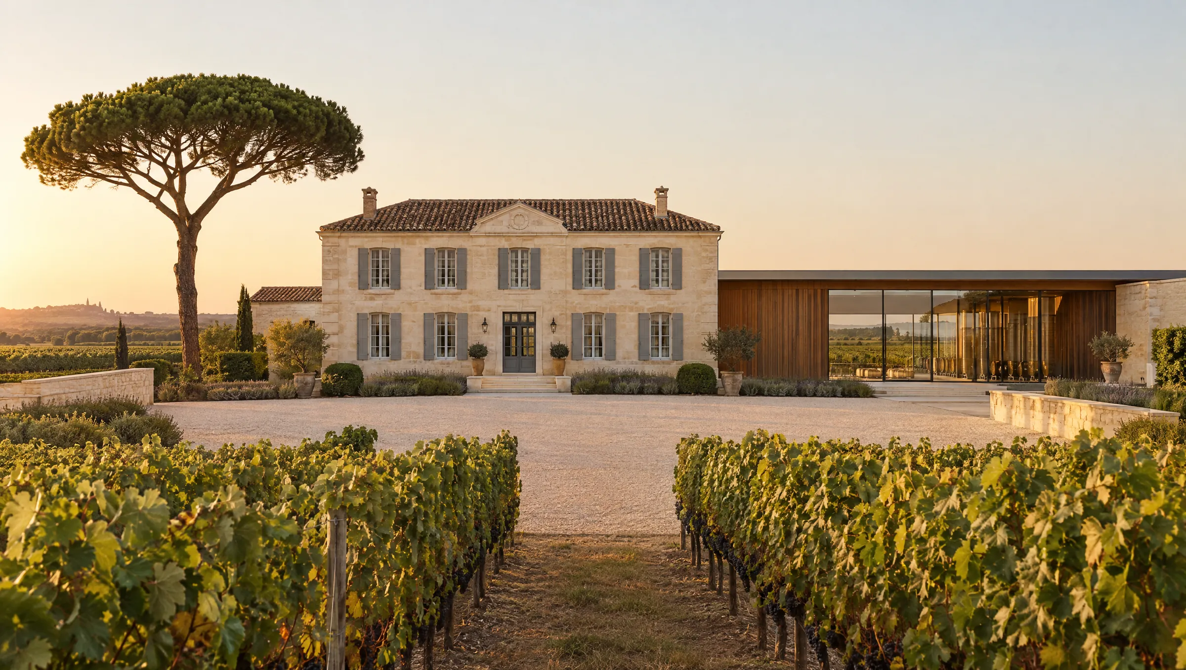 A pale limestone manor house with grey shutters and a modern oak-and-glass winery wing, seen at golden hour along a gravel path between rows of vines, with an umbrella pine on the left.
