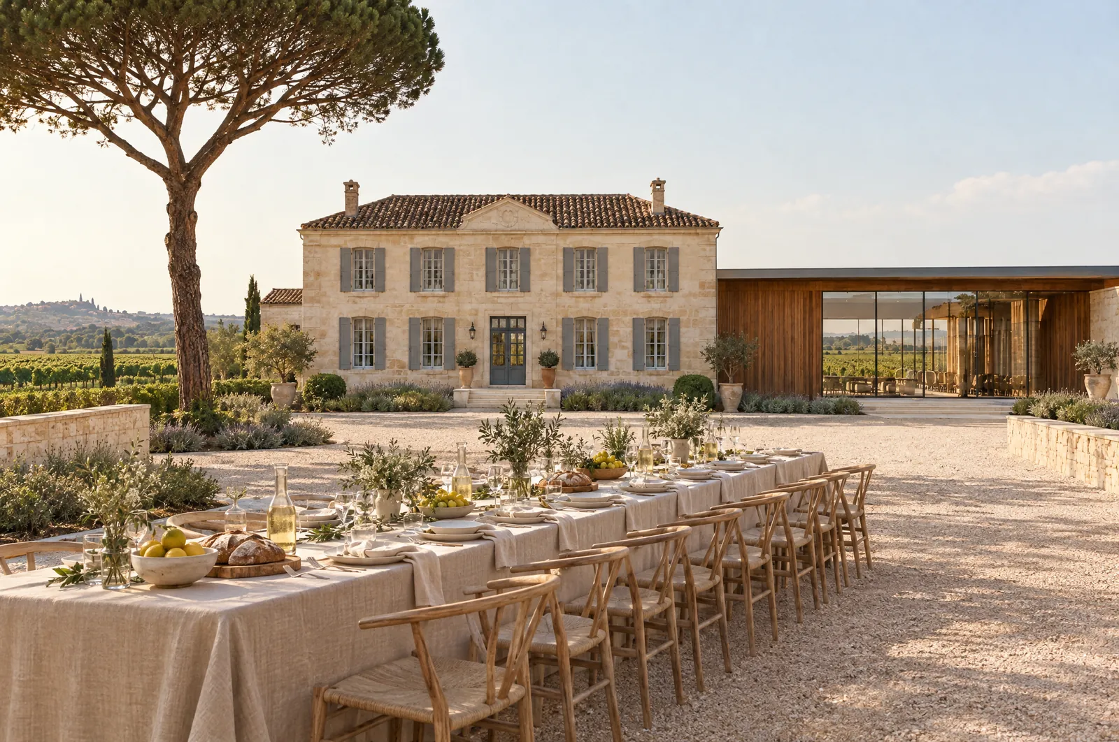 A long lunch table with natural linen, carafes of white wine and bread on the gravel courtyard in front of the manor house, under an umbrella pine.